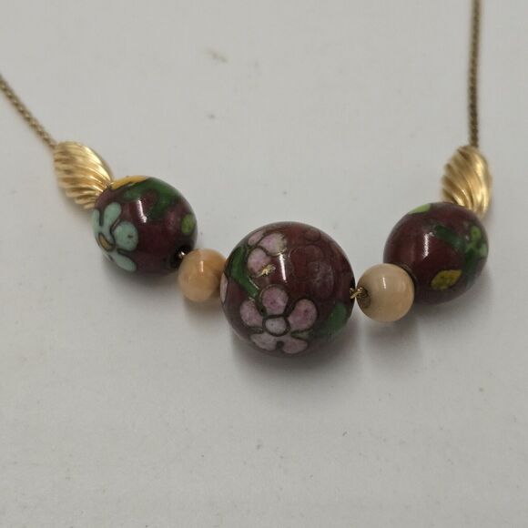 Vintage 14K Yellow Gold Cloisonne Coral Signed Butterfly On Clasp Necklace 22" - Picture 2 of 5